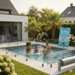 A diverse family (parents and two children wearing life vests) happily swimming in a private pool, surrounded by a transparent glass safety barrier. A rolling pool cover is visible, and a "Tout Baigne !" campaign banner highlights the importance of safety.