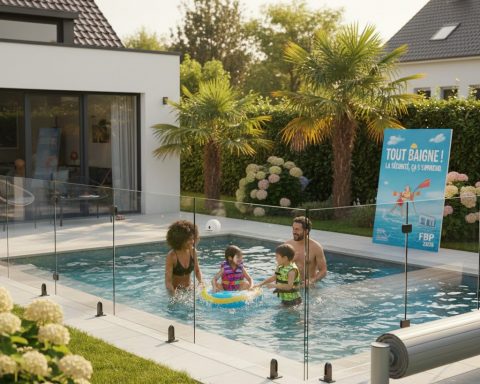 A diverse family (parents and two children wearing life vests) happily swimming in a private pool, surrounded by a transparent glass safety barrier. A rolling pool cover is visible, and a "Tout Baigne !" campaign banner highlights the importance of safety.