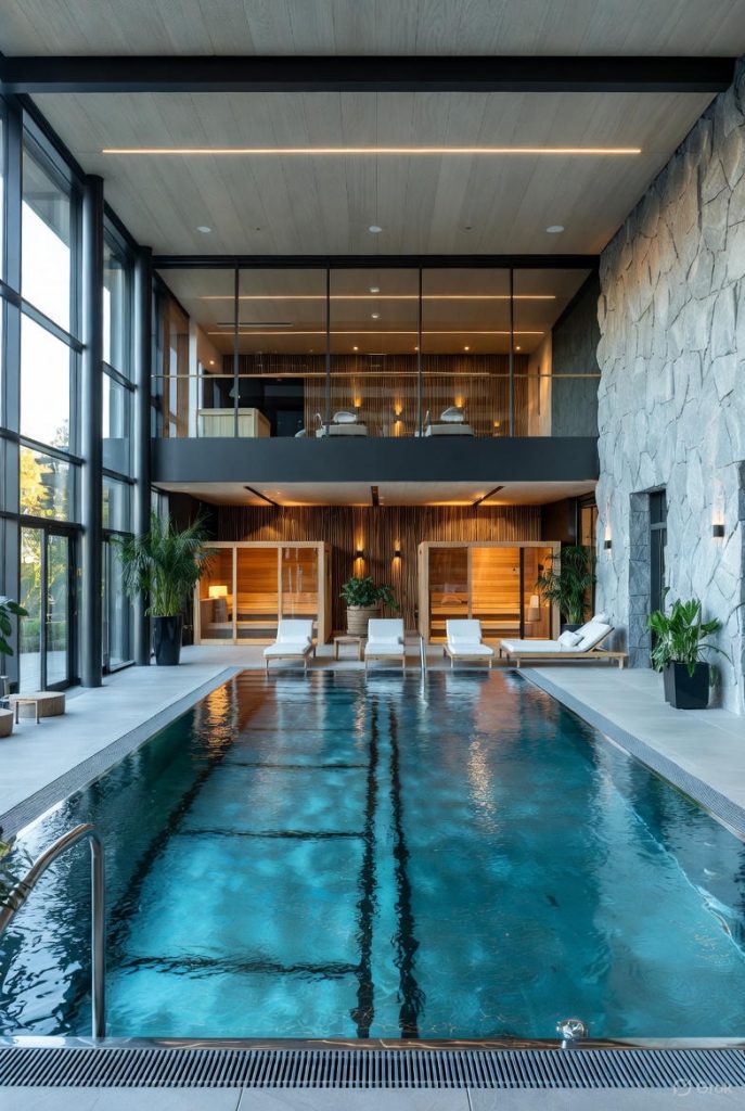 Piscine intérieure moderne avec grandes baies vitrées et sauna intégré, représentative des innovations belges primées EUSA Award à aquanale 2025