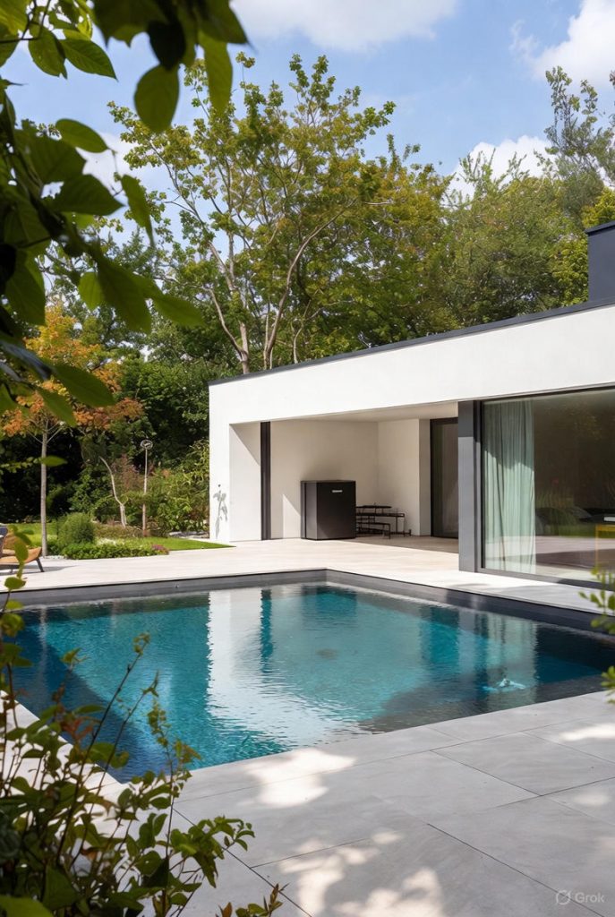 Sustainable swimming pool with heat pump, automatic cover, modern Belgian garden.