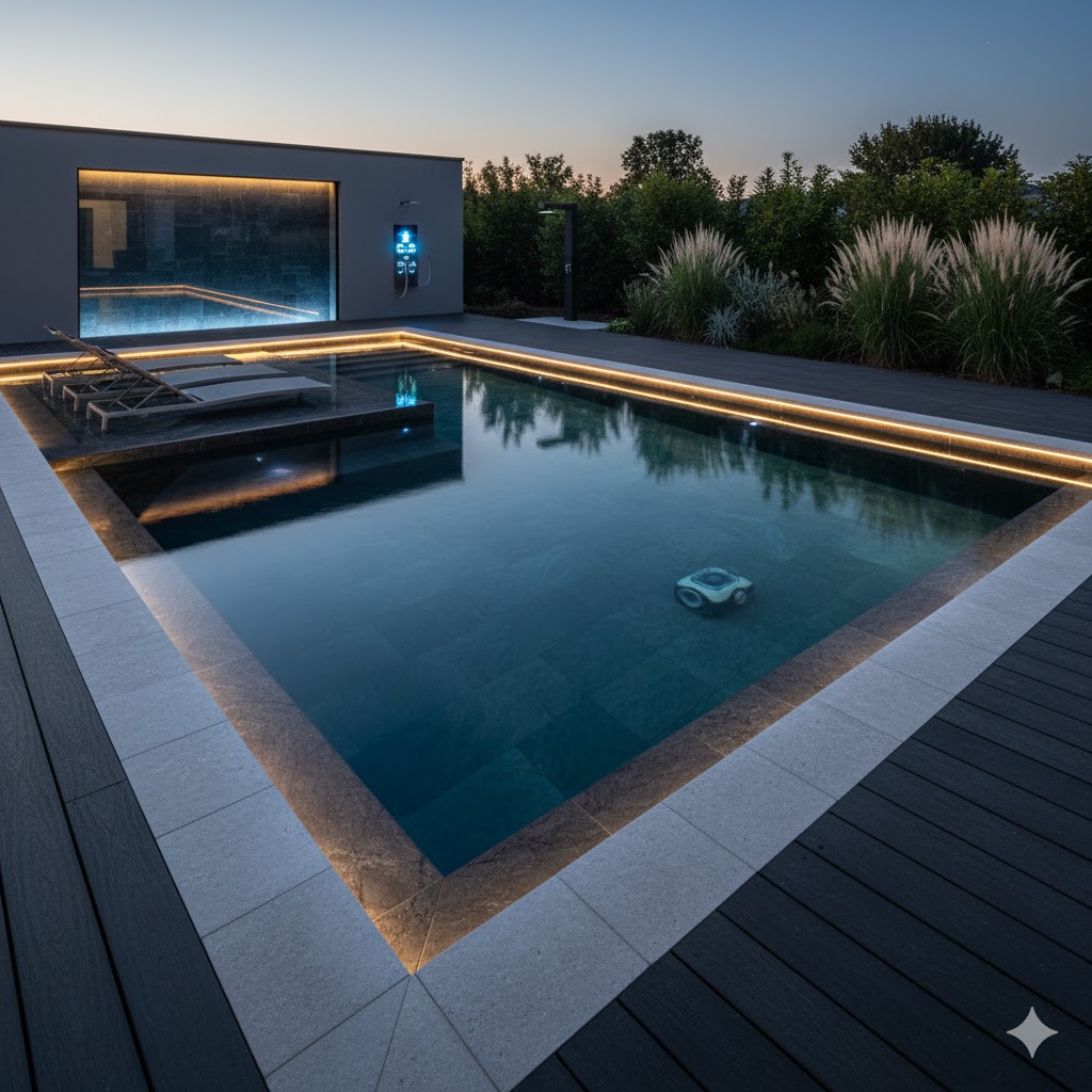 Renovated high-end modern pool, stone-effect coating, submerged beach, porcelain stoneware coping, and integrated LED lighting for a wellness area.