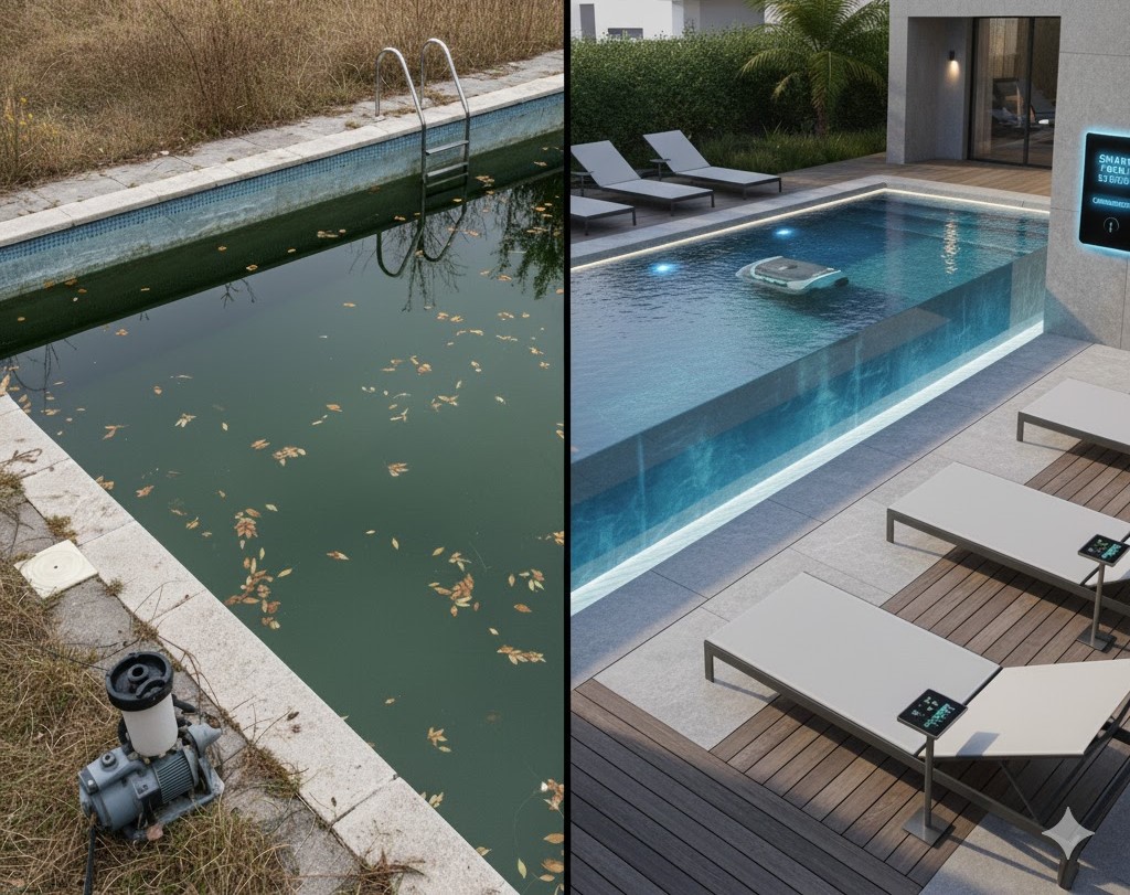 Before/After photo: Complete renovation of an old swimming pool into a smart, stylish pool with LED lighting and a connected cleaning robot.