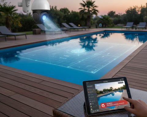 Outdoor PTZ security camera with AI detecting abnormal movement around a private swimming pool at sunset, sending real-time “ABNORMAL MOTION DETECTED” alert to a tablet.