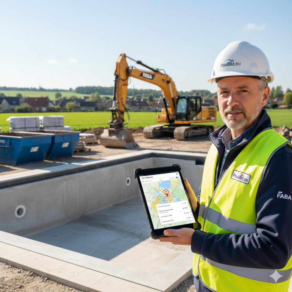 Professional pool builder in Flanders holding a tablet showing a municipal tax map on a construction site with an excavator.