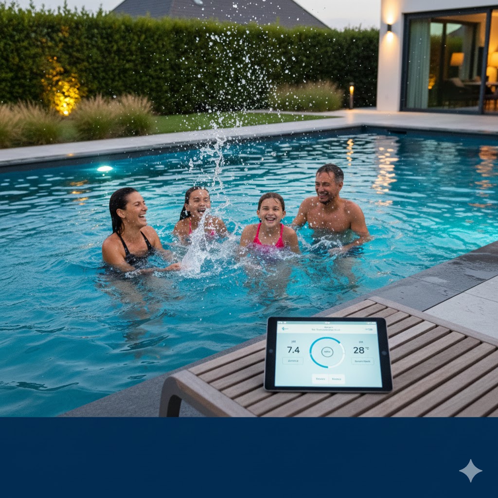 Happy family swimming in a clean, automated pool in Belgium, with the control tablet placed next to it.
