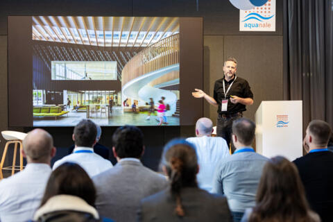 Aquanale 2025 Conference: Swimming pool and wellness industry expert presenting architectural trends