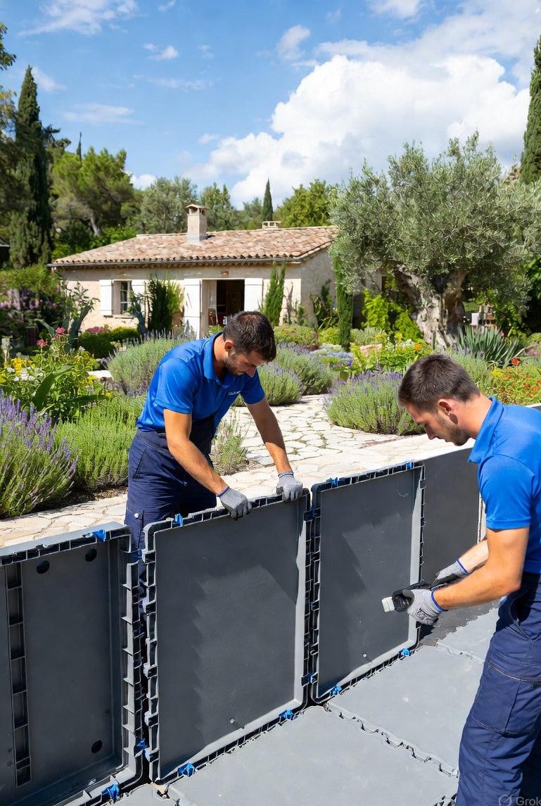 Two installers wearing blue polo shirts and gloves connecting modular pool panels on a prepared flat surface in a Mediterranean-style garden with cypress trees, flowering lavender beds and a Provençal country house in the background.