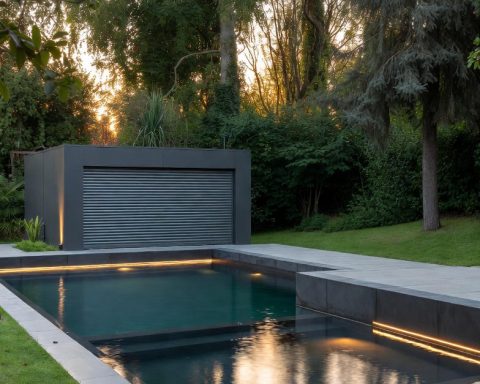 Luxury French modular swimming pool with matte anthracite-grey panels, integrated underwater roller shutter, gently sloping immersed sand-coloured beach, subtle LED lighting and sleek minimalist coping, photographed at golden hour in a contemporary garden. Symbol of 2025 French pool trends – fast installation, high-end design and total adaptability.