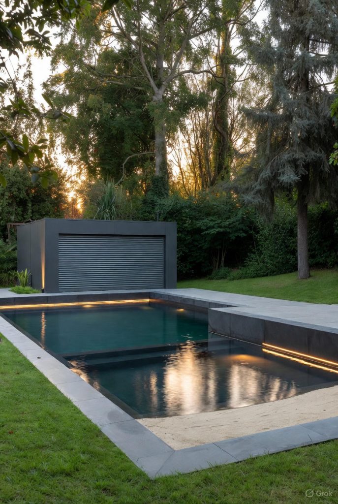 Luxury French modular swimming pool with matte anthracite-grey panels, integrated underwater roller shutter, gently sloping immersed sand-coloured beach, subtle LED lighting and sleek minimalist coping, photographed at golden hour in a contemporary garden. Symbol of 2025 French pool trends – fast installation, high-end design and total adaptability.