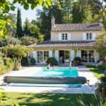 Family pool secured with mandatory safety devices including barrier, safety cover, pool alarm and enclosure, with parents supervising children