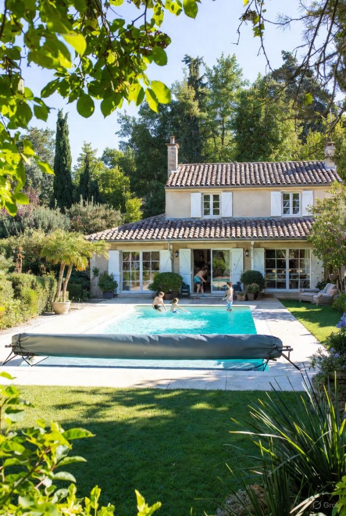 Family pool secured with mandatory safety devices including barrier, safety cover, pool alarm and enclosure, with parents supervising children