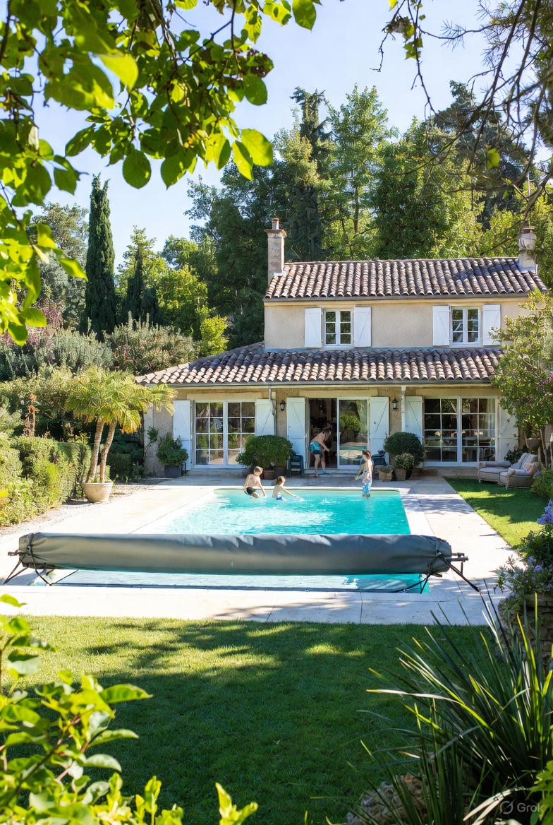 Family pool secured with mandatory safety devices including barrier, safety cover, pool alarm and enclosure, with parents supervising children