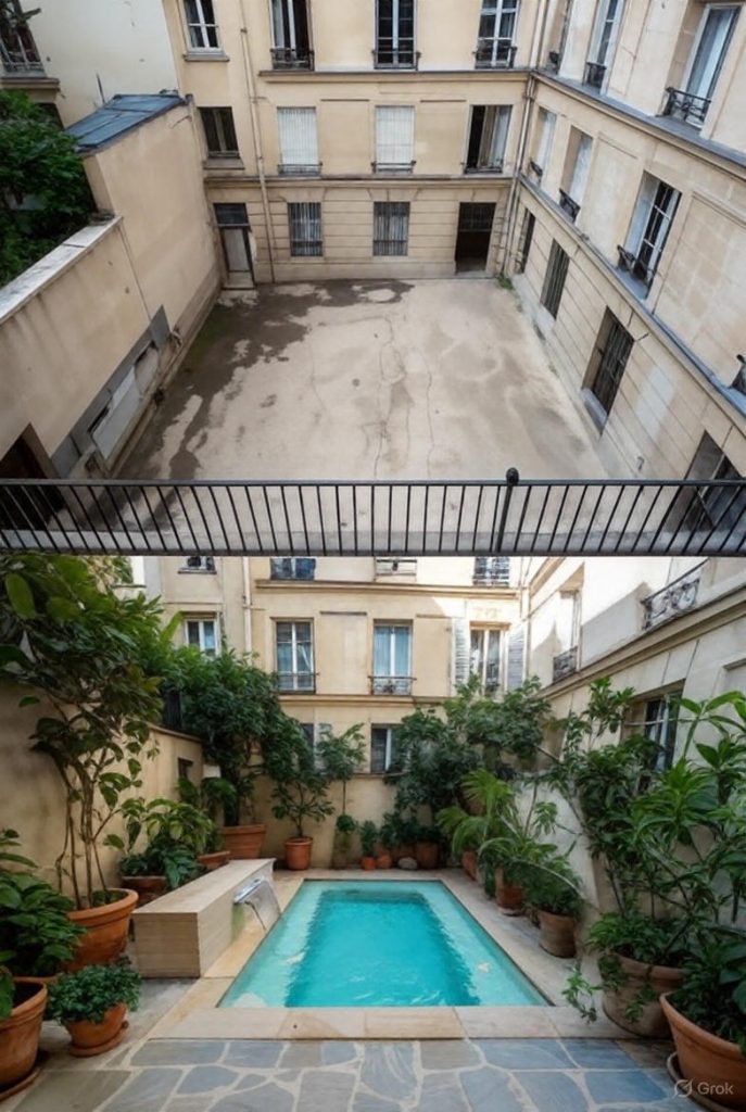 Before and after: a tiny 6 m² Parisian courtyard transformed into a lush urban oasis with a 3 × 2 m modular pool surrounded by potted plants and natural stone paving.