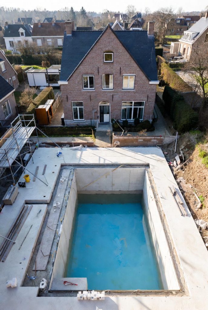 Aerial view of a high-end concrete swimming pool under construction in a typical Flemish residential backyard, Belgium. Brick gable house in background with scaffolding, materials, and blue basin ready for finishing.