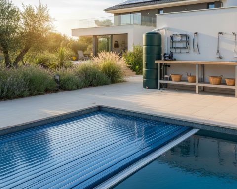 Modern swimming pool equipped with an automatic anti-evaporation cover, symbolizing the commitment of professionals to saving water in the face of drought.