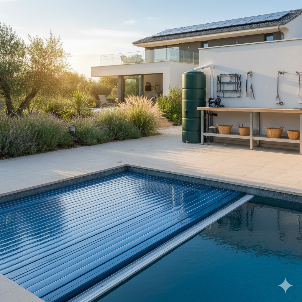 Modern swimming pool equipped with an automatic anti-evaporation cover, symbolizing the commitment of professionals to saving water in the face of drought.