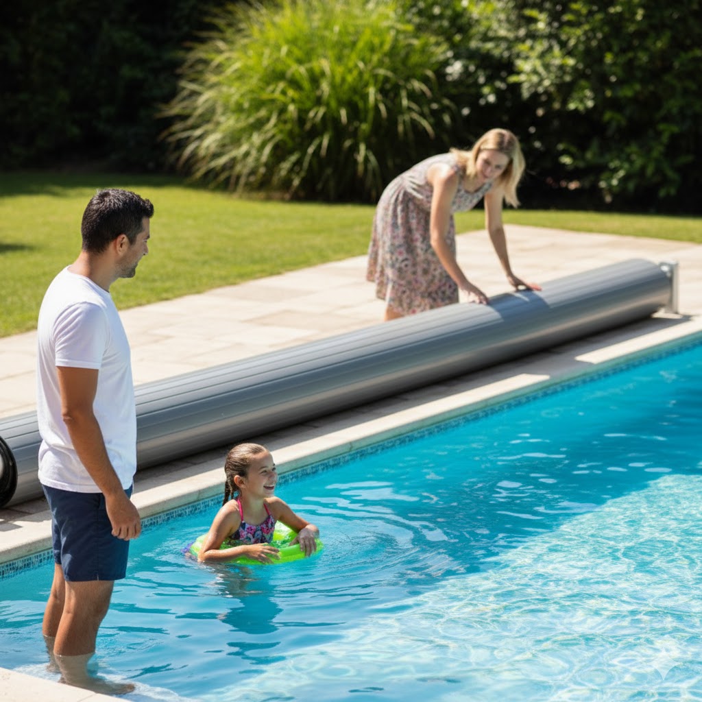 An attentive adult supervising a child in a swimming pool while another adult secures the pool cover in the background.