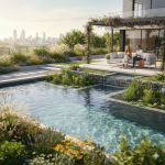 Modern biological swimming pool with natural stone and aquatic plants in a sustainable landscaped garden with city skyline background