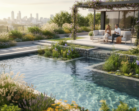 Modern biological swimming pool with natural stone and aquatic plants in a sustainable landscaped garden with city skyline background