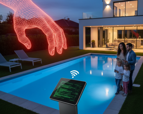 A digital glowing hand reaching towards a smart pool control panel at night, representing a cyberattack.