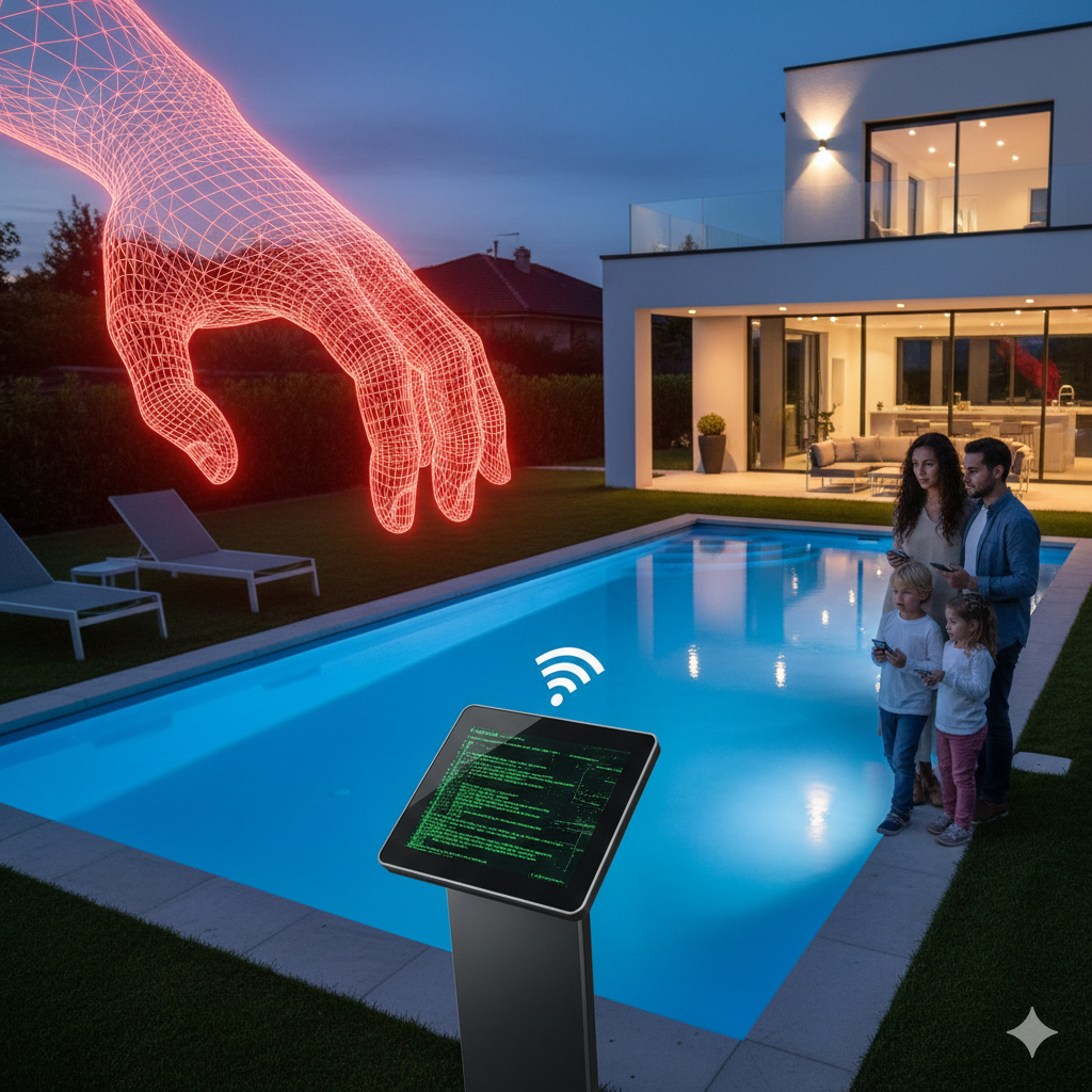 A digital glowing hand reaching towards a smart pool control panel at night, representing a cyberattack.