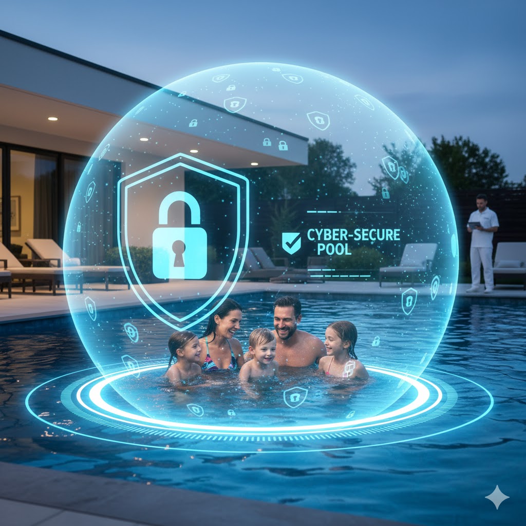 Eine glückliche Familie, die in einem luxuriösen Schwimmbad spielt, geschützt durch eine leuchtende digitale Sicherheitsblase und ein Schild-Icon, das Cybersicherheit symbolisiert.
