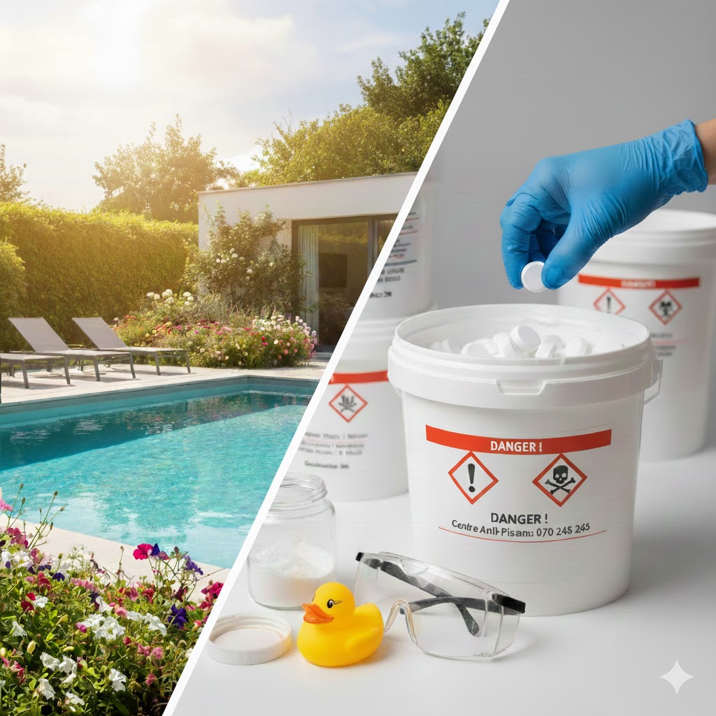 A sunny residential swimming pool with safety gear, protective goggles, and authorized pool treatment containers in the foreground.