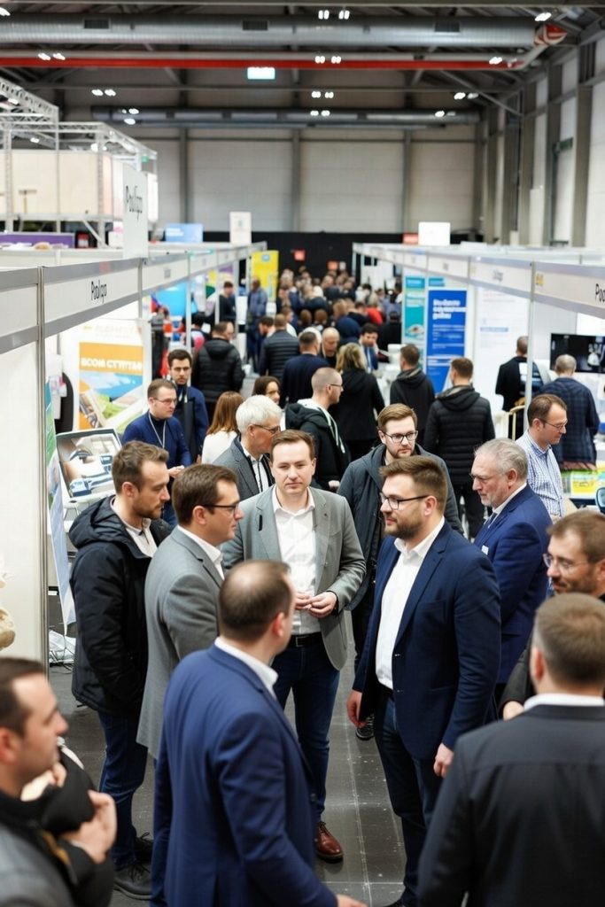 Crowd of pool industry professionals networking at PoolXpo 2026 exhibition in Leuven, Belgium