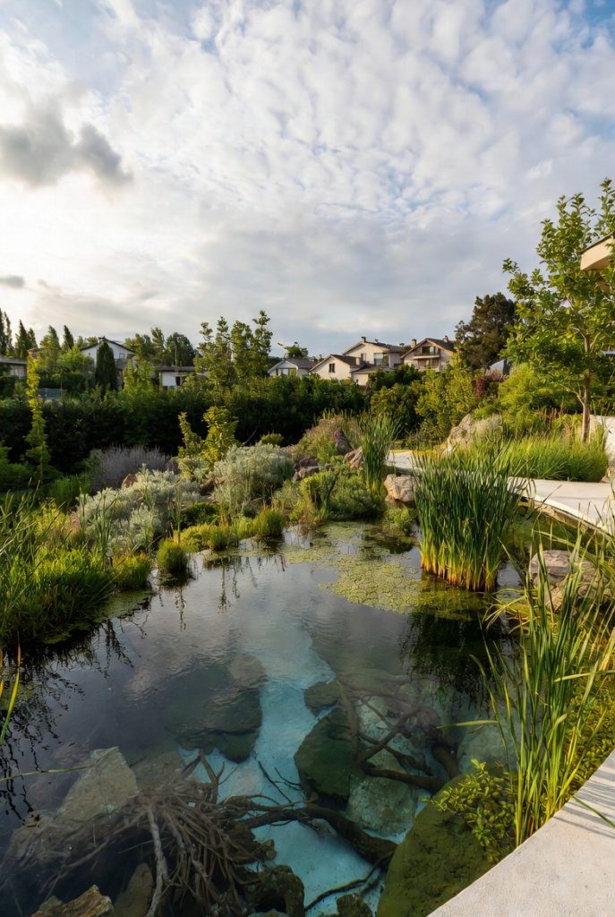 Ecological natural swimming pool with biological filtration integrated into a lush garden, surrounded by purifying aquatic plants and wildflowers, biophilic design creating a sustainable wellness oasis