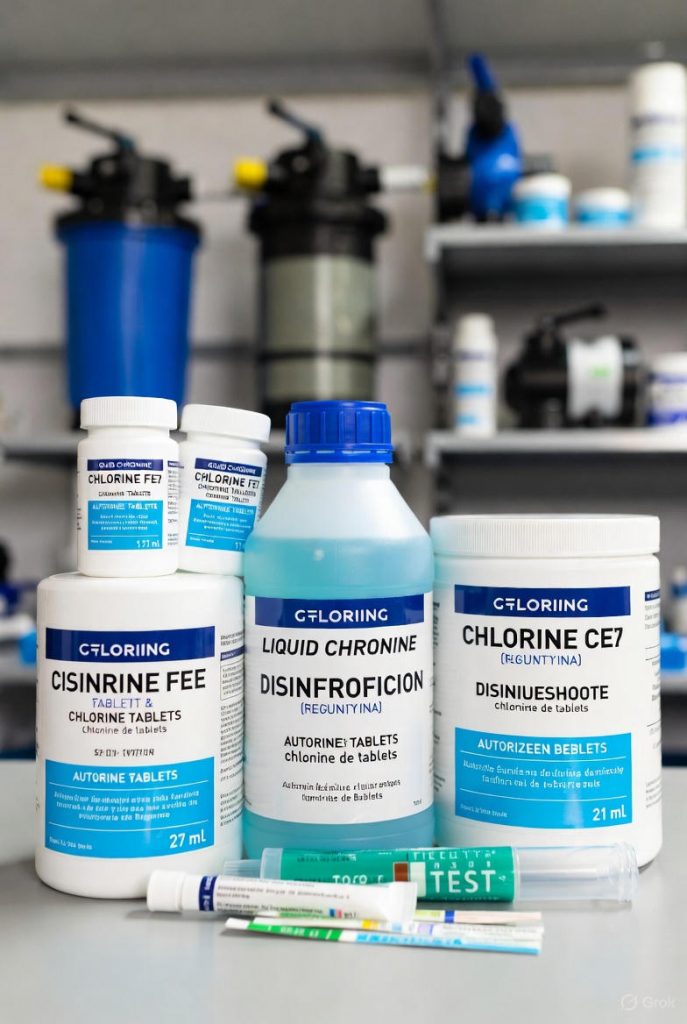 Bottles and containers of authorized chlorine-based pool disinfection products in Belgium, including tablets and liquid solutions with bilingual French-Dutch labels, displayed in a professional storage setting with water testing kits.