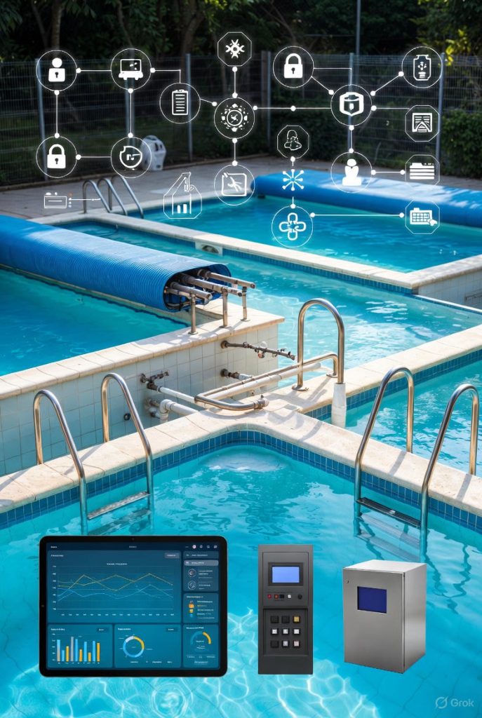 Zwei nebeneinander verbundene Schwimmbäder. Überlagerung von IT-Sicherheits-Icons (Vorhängeschloss, Authentifizierung, Firmware-Updates, Überwachung) und einem Überwachungsscreen mit Verbrauchsdiagrammen und chemischen Parametern. Sichtbare technische Ausrüstung (Elektrokasten, Pumpe, Analysator).