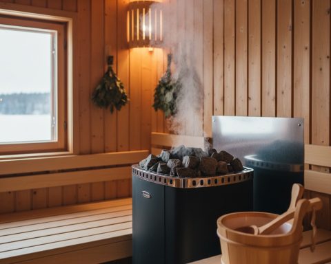Authentic Finnish sauna interior featuring a traditional heater with volcanic stones, rising löyly steam, and wooden bucket accessories.