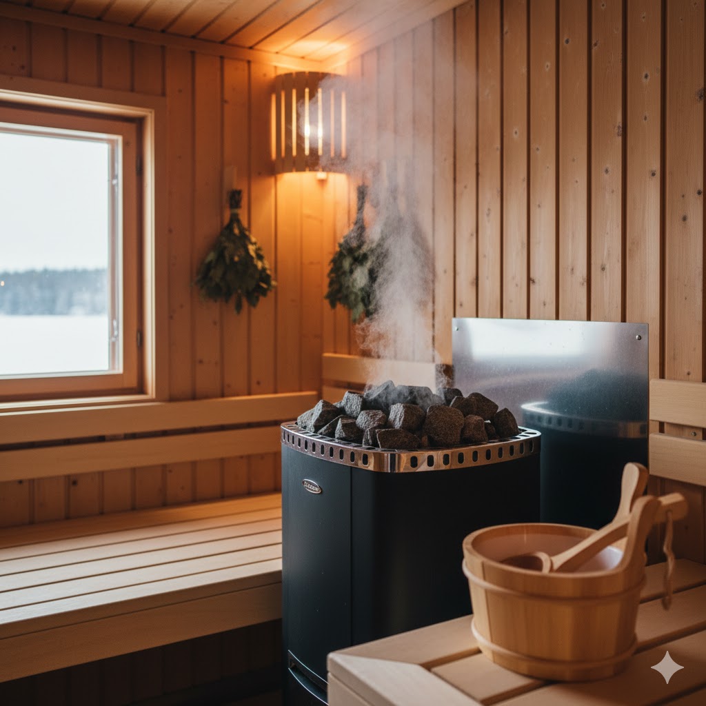 Authentic Finnish sauna interior featuring a traditional heater with volcanic stones, rising löyly steam, and wooden bucket accessories.