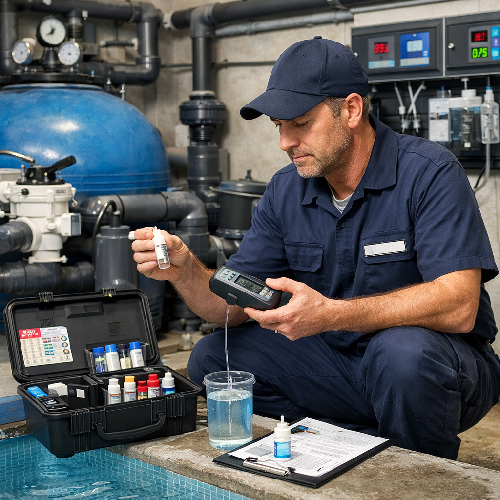 Techniker überprüft die Wasserqualität in einem öffentlichen Schwimmbad mit einem digitalen Testgerät im Filtrationsraum.