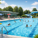 Public swimming pool with many swimmers under lifeguard supervision, illustrating collective pool hygiene and safety standards.