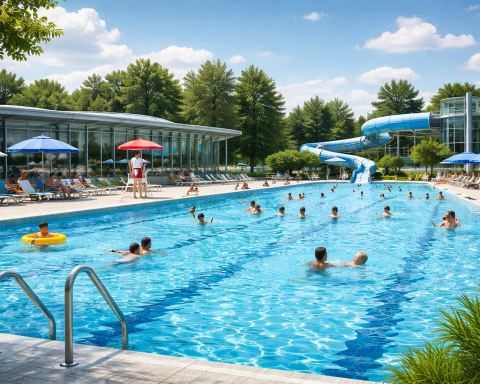 Piscina pública con muchos nadadores bajo la supervisión de un salvavidas, ilustrando estándares colectivos de higiene y seguridad en la piscina.