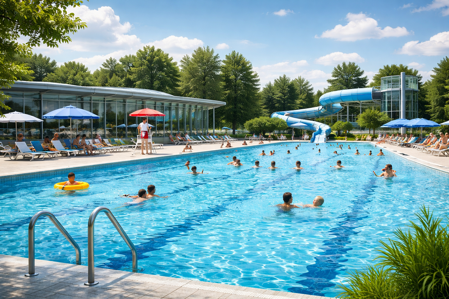 Öffentliches Schwimmbad mit vielen Schwimmern unter Aufsicht eines Rettungsschwimmers, der kollektive Poolhygiene- und Sicherheitsstandards veranschaulicht.