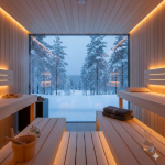Modern luxury Finnish sauna interior with a large glass window overlooking a snowy Nordic forest at twilight.