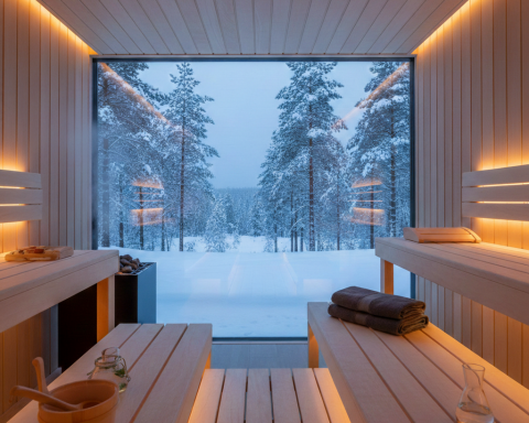 Modern luxury Finnish sauna interior with a large glass window overlooking a snowy Nordic forest at twilight.