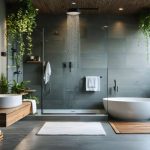 Modern spa-style bathroom 2026: white freestanding oval bathtub, extra-large tropical rain shower, cascading hanging plants, grey slate walls, wooden ceiling, floating wooden vanity, natural stone accents, and soft LED lighting for ultimate home wellness retreat