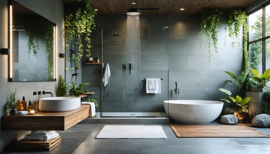 Modern spa-style bathroom 2026: white freestanding oval bathtub, extra-large tropical rain shower, cascading hanging plants, grey slate walls, wooden ceiling, floating wooden vanity, natural stone accents, and soft LED lighting for ultimate home wellness retreat