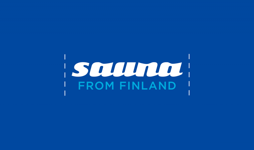 Offizielles Sauna-Logo aus Finnland auf blauem Hintergrund, das finnische Saunawertigkeit und Authentizität repräsentiert.