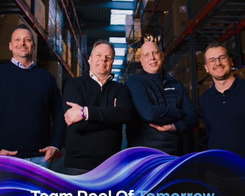 Leadership team of Bluedrops and LDD Group standing together in a warehouse environment promoting Team Pool Of Tomorrow partnership in the European pool industry