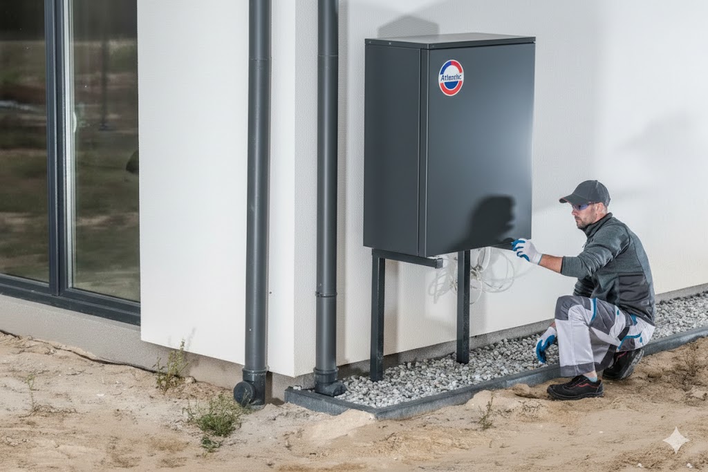 Professional technician installing a modern dark grey French-branded heat pump on a residential wall with a swimming pool background.