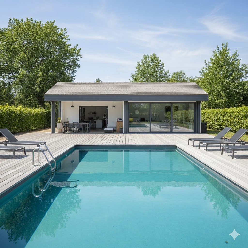 odern rectangular swimming pool with a wooden deck and a pool house in a green Benelux garden setting, representing sustainable water management.