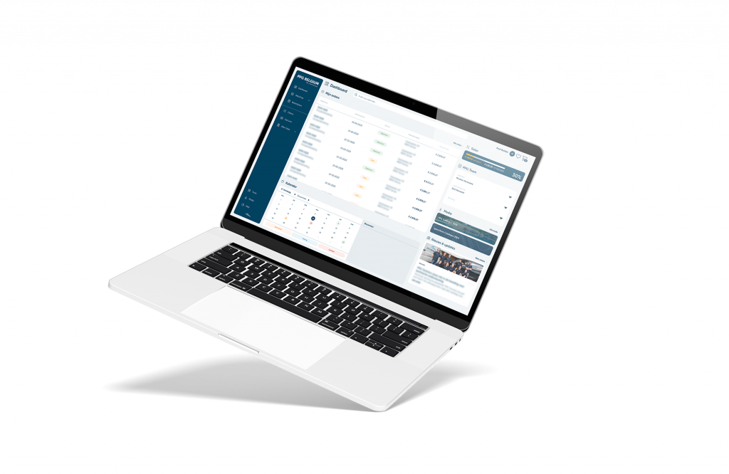 Ein Laptop, der das Dashboard des MY PPG-Kundenportals zeigt, mit Bestellübersichten, einem Kalender und technischer Dokumentation für Schwimmbadbauer.
