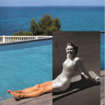 Una mezcla de una foto vintage en blanco y negro de un nadador y una piscina infinita moderna de lujo con vista al océano, celebrando el 100 aniversario de Hayward.