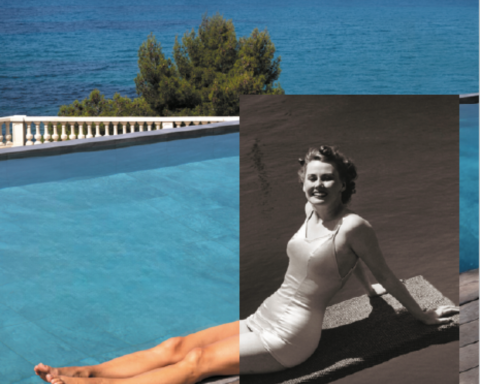 Een combinatie van een vintage zwart-witfoto van een zwemmer en een modern luxe infinitypool met uitzicht op de oceaan, ter viering van Hayward's 100-jarig jubileum.