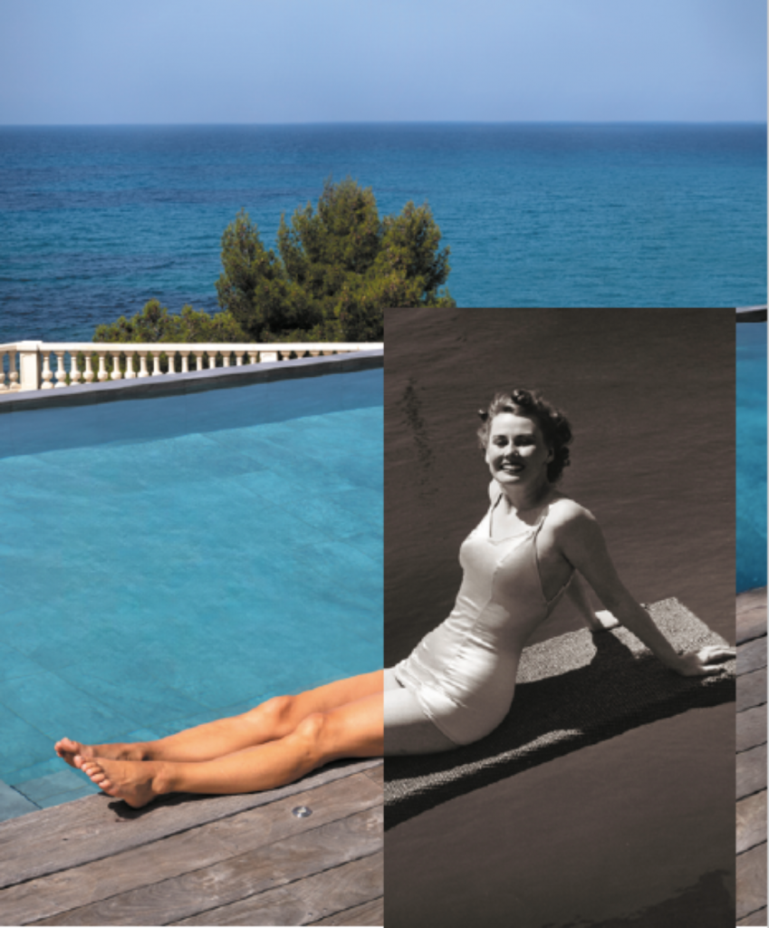 Een combinatie van een vintage zwart-witfoto van een zwemmer en een modern luxe infinitypool met uitzicht op de oceaan, ter viering van Hayward's 100-jarig jubileum.