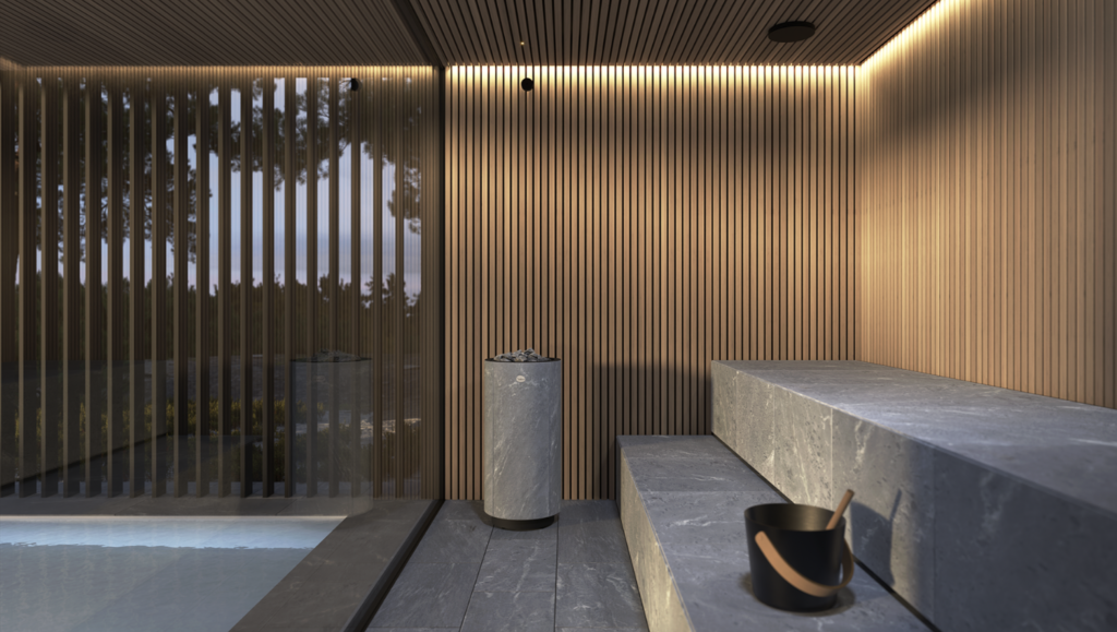 High-end modern sauna design featuring stone benches, vertical wood paneling, and a minimalist Tulikivi heater.